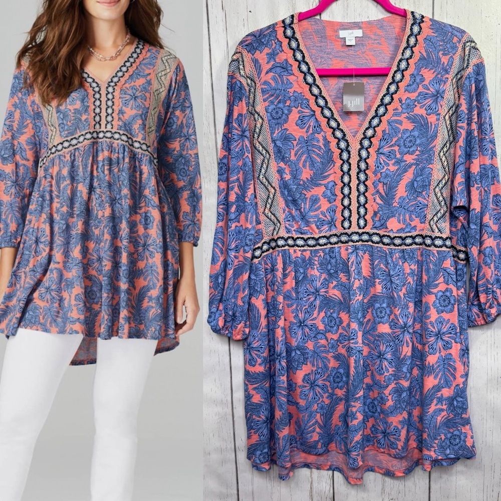 J.Jill Floral Embroidered Boho Tunic Top L Coral Blue Resort Coastal Chic Breezy